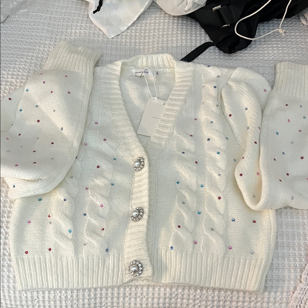 Avantlook Cream Cable Knit Cardigan with Multicolor Dots